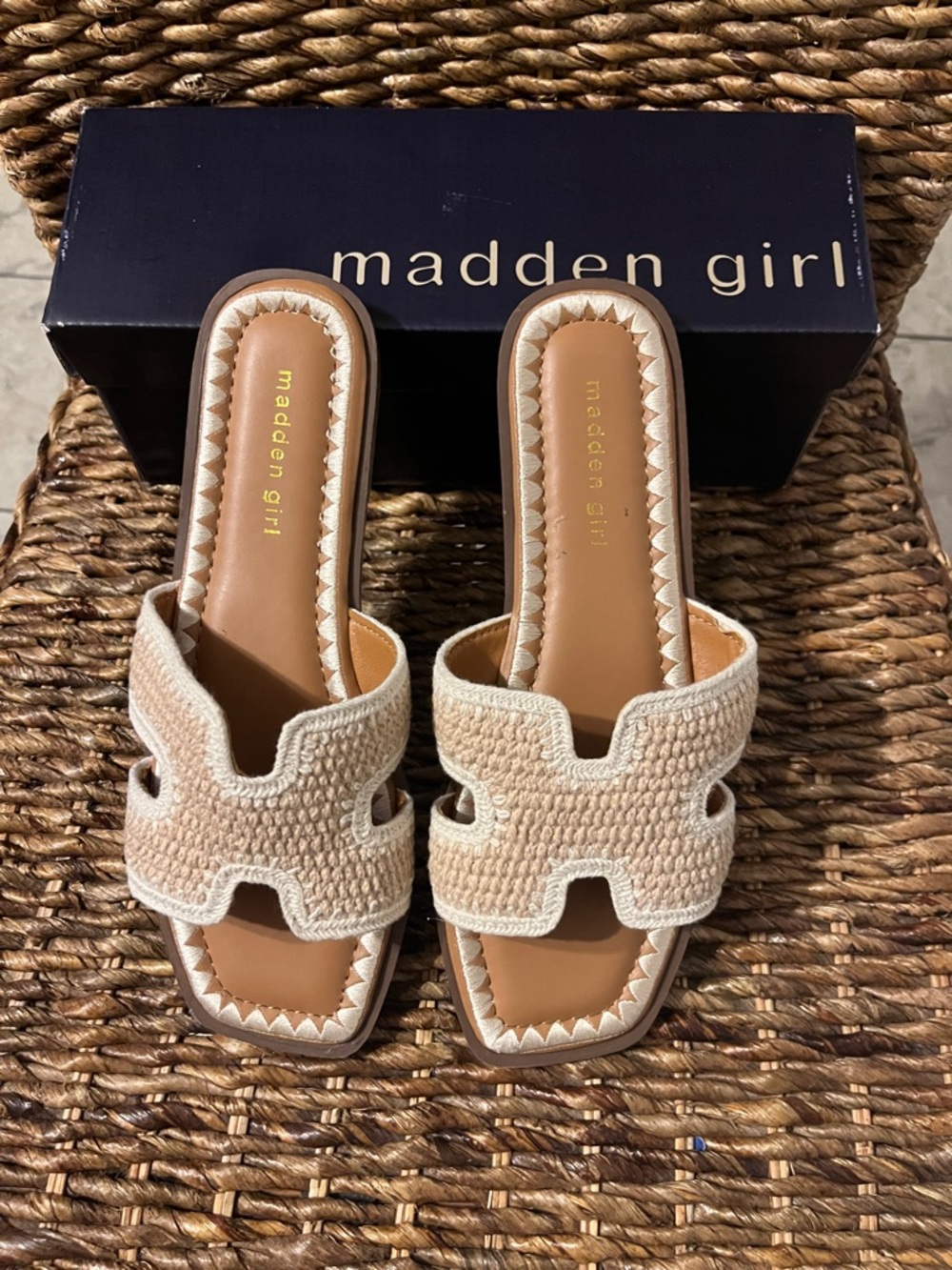 Madden Girl Beige Woven Slide Mules